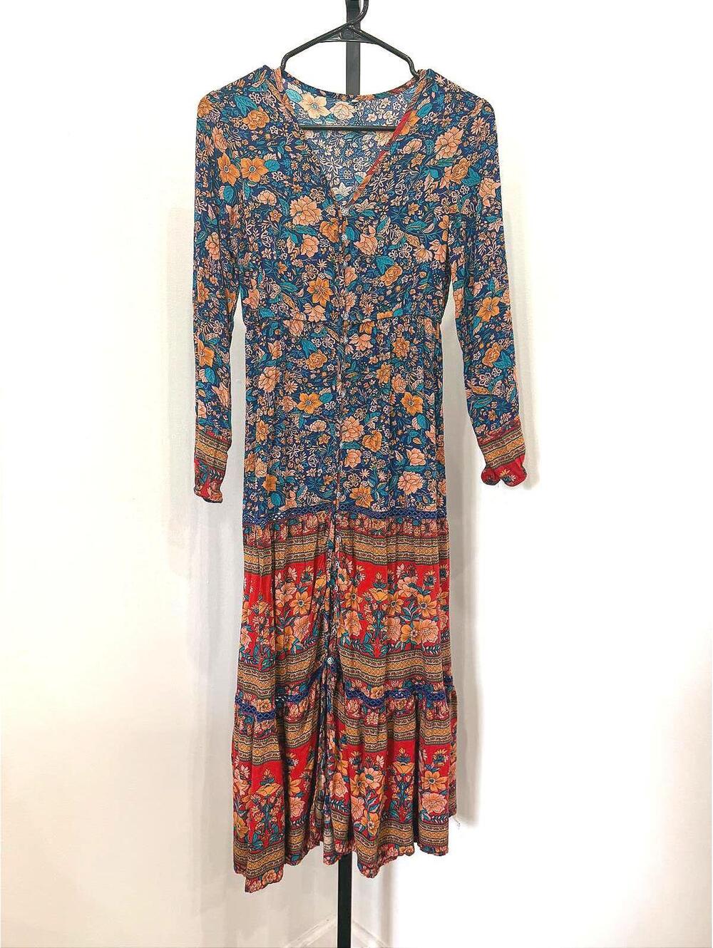 Small Long Sleeve Floral Pattern Maxi Dress with Button Front